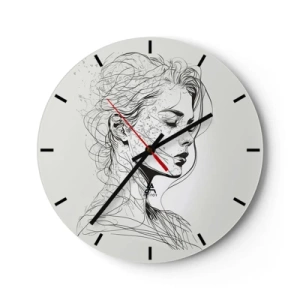 Wandklok - Klok - Zwart-wit schets van een vrouwengezicht in gedachten - 30x30cm - Portret in gedachten - Moderne wanddecoratie voor woonkamer, keuken en slaapkamer ARTTOR