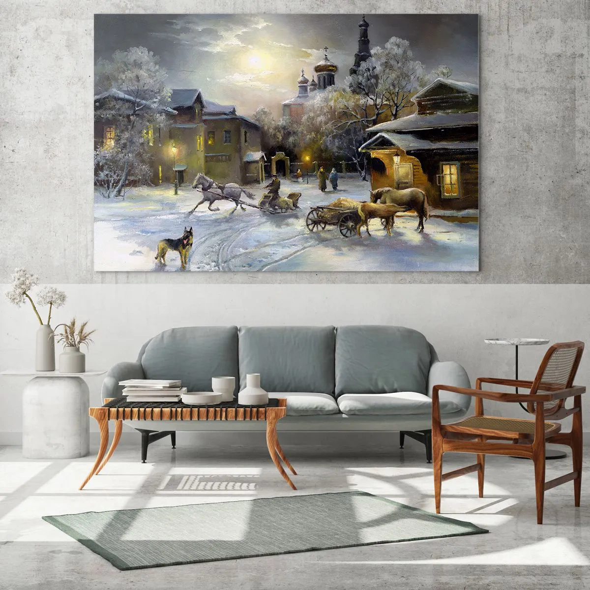 Schilderen op glas - Winterstadsgezicht verlicht door het maanlicht - 70x50cm - De magie van de Russische winter - Moderne wanddecoratie voor woonkamer en slaapkamer ARTTOR