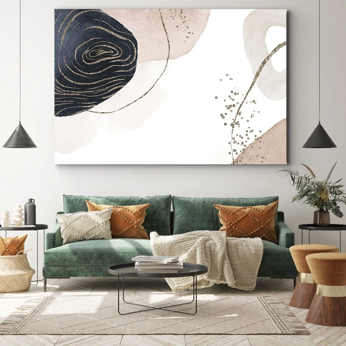 Schilderen op canvas - Abstracte vormen in tinten beige en marineblauw met gouden details - 70x50cm - Alles vloeit - Moderne wanddecoratie voor woonkamer en slaapkamer ARTTOR