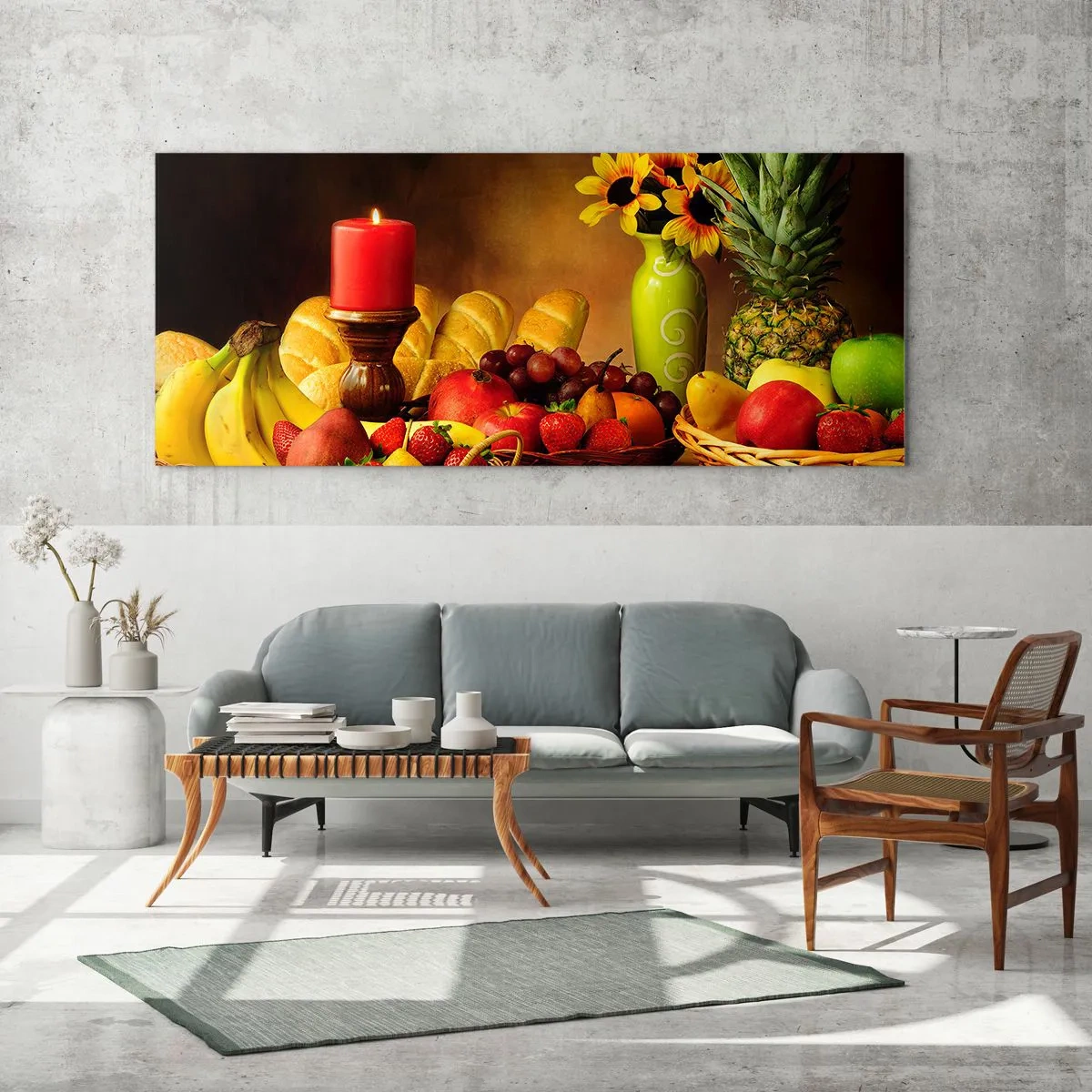 Schilderen op glas - Stilleven met brood en fruit - 90x30 cm