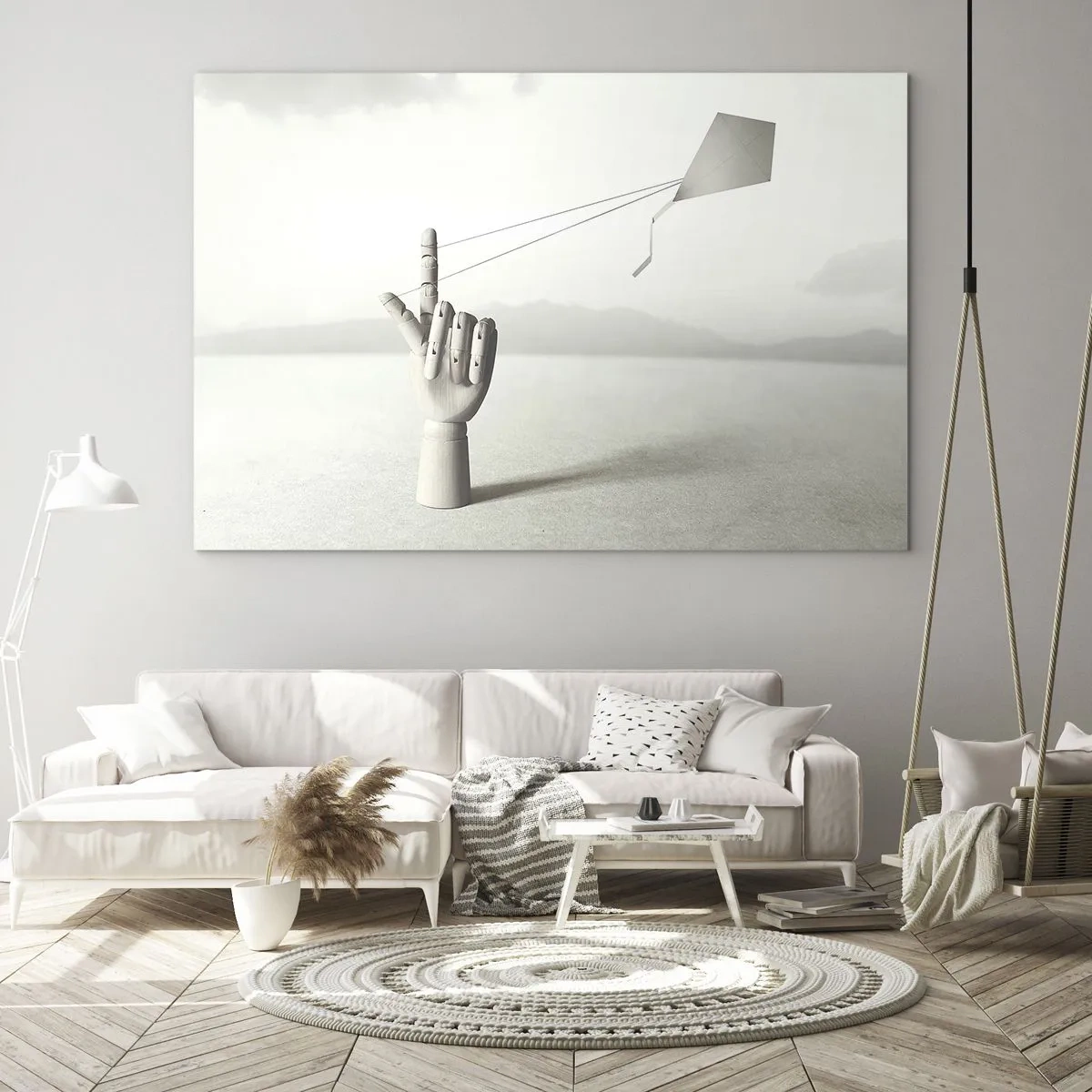 Schilderen op glas - Een houten hand die een drijvende vlieger op zijn vinger houdt - 70x50cm - Krachttest - Moderne wanddecoratie voor woonkamer en slaapkamer ARTTOR
