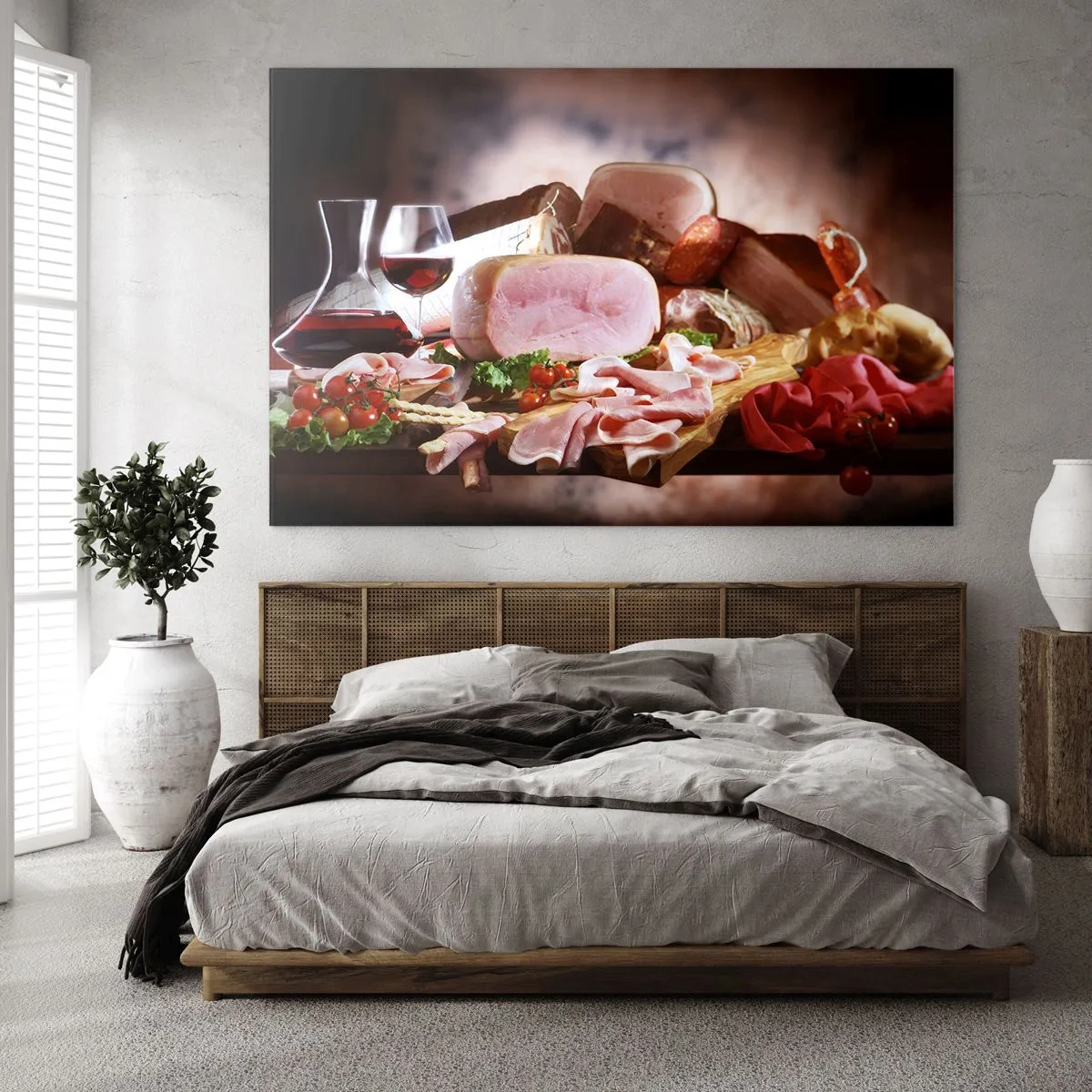 Schilderen op glas - Keukentafel met vleeswaren, wijn en verse groenten - 70x50cm - Een culinaire droom met een karaf - Moderne wanddecoratie voor woonkamer en slaapkamer ARTTOR