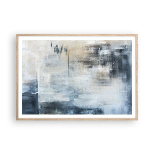 Een poster in een licht eiken lijst - Achter het blauwe gordijn - 100x70 cm