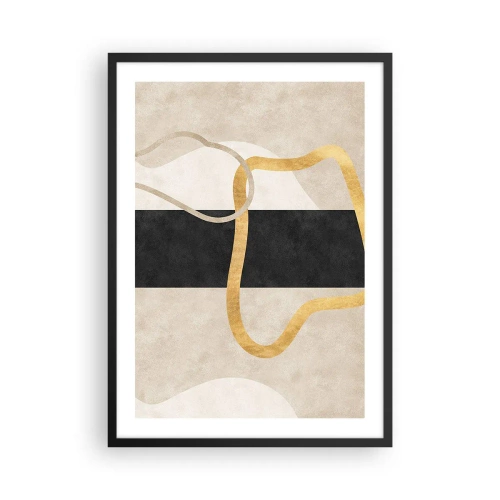 Poster in een zwarte lijst - Abstracte compositie met zwart, goud en een neutrale achtergrond - 50x70cm - Verwarde vormen - Moderne wanddecoratie voor woonkamer en slaapkamer ARTTOR