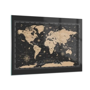 Schilderen op glas - Gestileerde wereldkaart in tinten beige en zwart - 70x50cm - De grenzen van mijn wereld - Moderne wanddecoratie voor woonkamer en slaapkamer ARTTOR