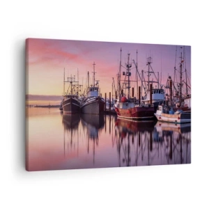 Schilderen op canvas - Vissersboten in de haven bij zonsondergang - 70x50cm - Voor de volgende dag - Moderne wanddecoratie voor woonkamer en slaapkamer ARTTOR