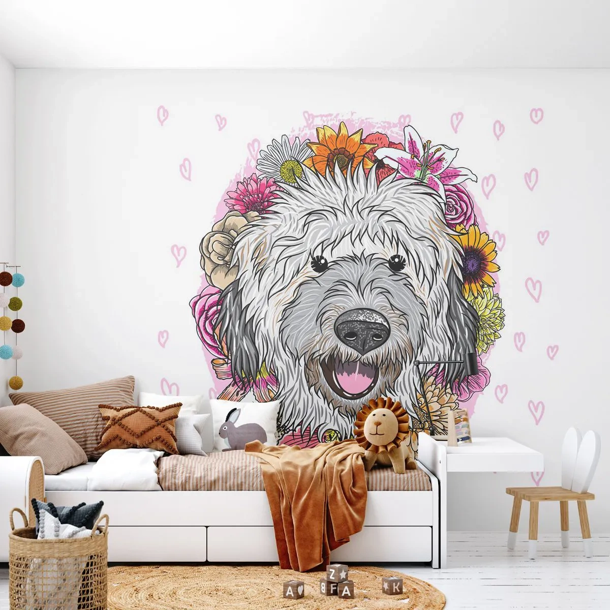 Fotobehang Premium Sand - Puppy vreugde - Abstractie, Hond, Voor kinderen - 400x280 cm