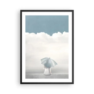Poster in een zwarte lijst - Een figuur met een paraplu zittend op een richel tussen de wolken - 50x70cm - Op de rand van realiteit en dromen - Moderne wanddecoratie voor woonkamer en slaapkamer ARTTOR