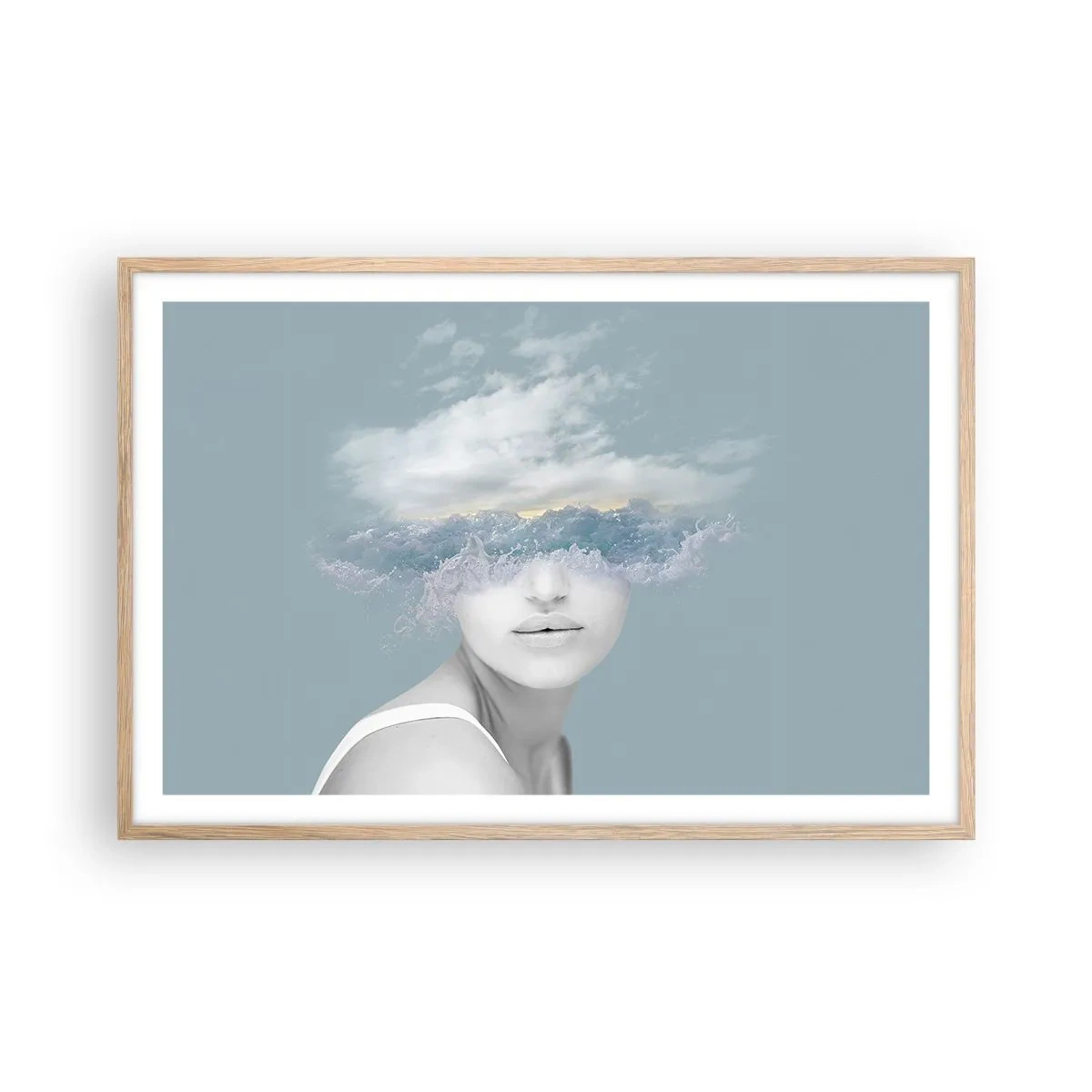 Een poster in een licht eiken lijst - Met hoofd in de wolken - 91x61 cm