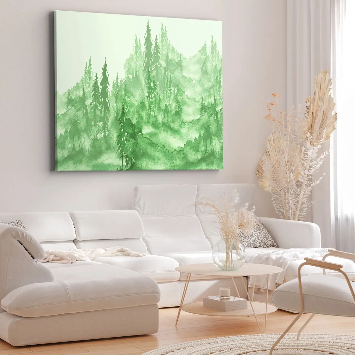 Schilderen op canvas - Groen bos in aquarelstijl op een lichte achtergrond - 70x50cm - Wazig met groene mist - Moderne wanddecoratie voor woonkamer en slaapkamer ARTTOR