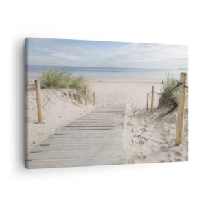 Schilderen op canvas - Een plankenpad dat naar een zandstrand leidt - 70x50cm - naar de horizon - Moderne wanddecoratie voor woonkamer en slaapkamer ARTTOR