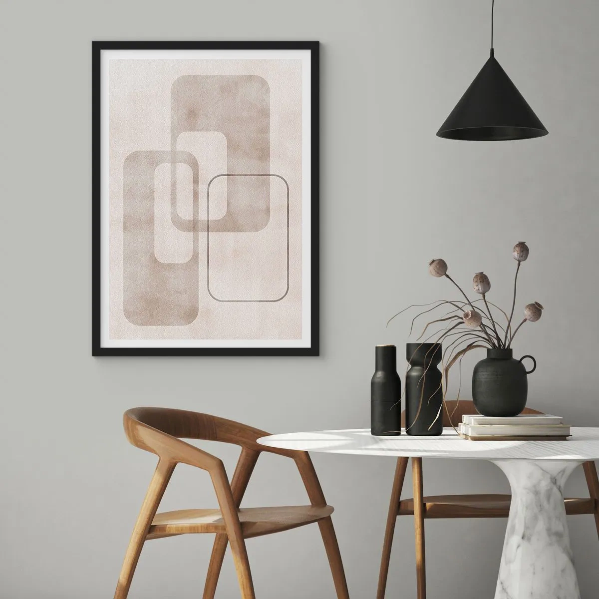 Poster in een zwarte lijst - Minimalistische geometrische vormen in beige tinten - 50x70cm - Geometrische voeg - Moderne wanddecoratie voor woonkamer en slaapkamer ARTTOR