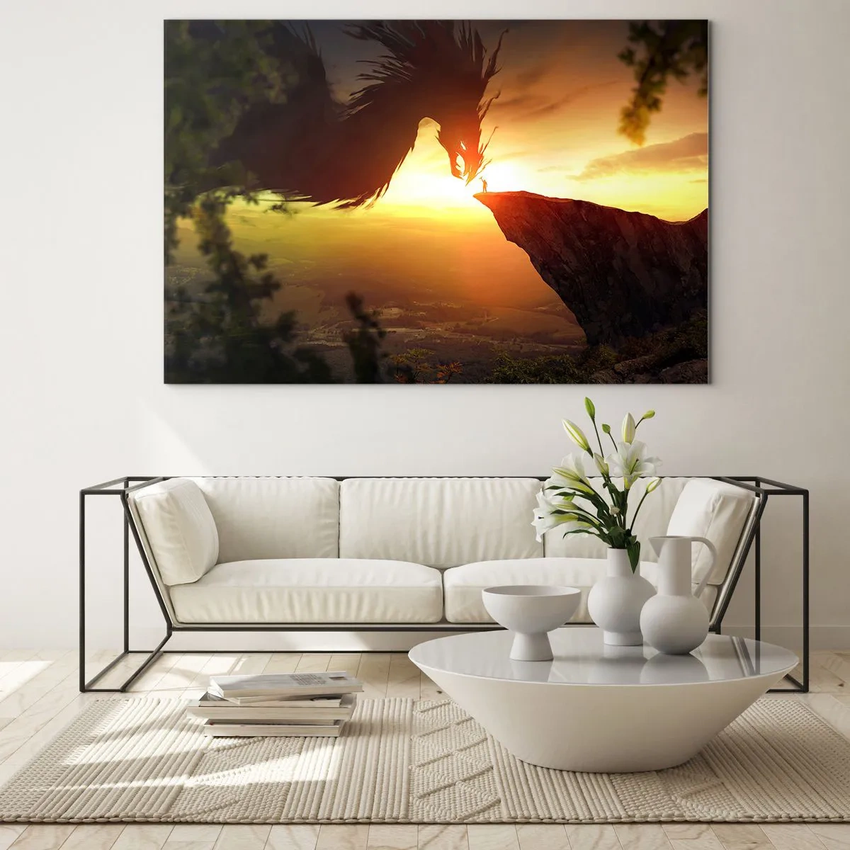 Schilderen op glas - Een draak in de gloed van de ondergaande zon boven een klif - 70x50cm - Drakendoder - Moderne wanddecoratie voor woonkamer en slaapkamer ARTTOR