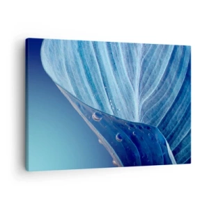 Schilderen op canvas - Een blauw blad met zichtbare waterdruppels - 70x50cm - Verborgen druppels blauw - Moderne wanddecoratie voor woonkamer en slaapkamer ARTTOR