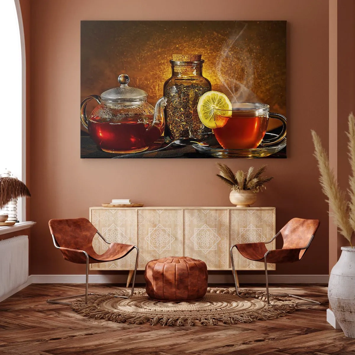 Schilderen op canvas - Thee in een glazen kan met citroen en losse thee - 70x50cm - In de stijl van Hollandse meesters - Moderne wanddecoratie voor woonkamer en slaapkamer ARTTOR