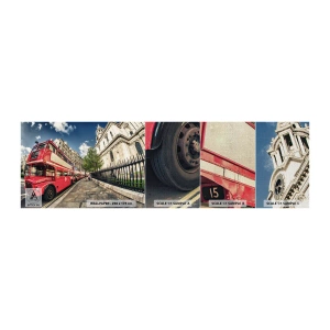 Fotobehang Monster Premium Canvas - Londense straat in grijs en rood - Stad, Londen, rode bus - 100x30 cm