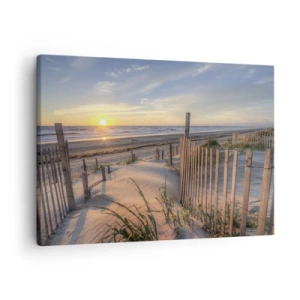 Schilderen op canvas - Zonsondergangstrand met houten hek - 70x50cm - Glans en schaduw van de wind - Moderne wanddecoratie voor woonkamer en slaapkamer ARTTOR