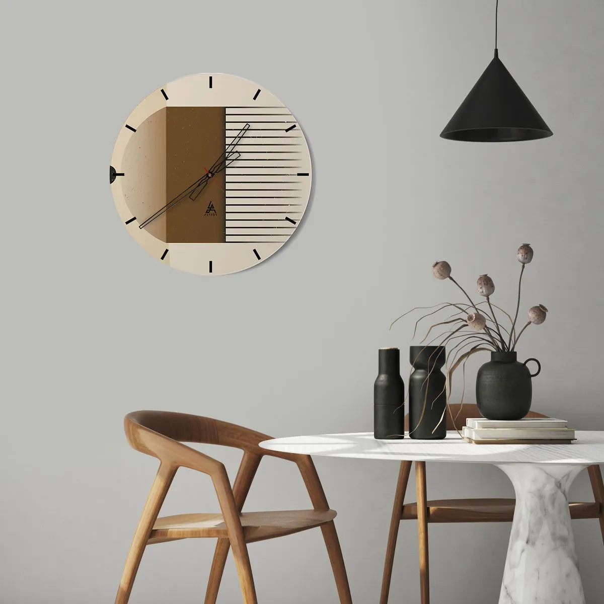 Wandklok - Klok - Geometrische compositie met bruine rechthoeken en lijnen op een beige achtergrond. - 30x30cm - verschillende staten - Moderne wanddecoratie voor woonkamer, keuken en slaapkamer ARTTOR