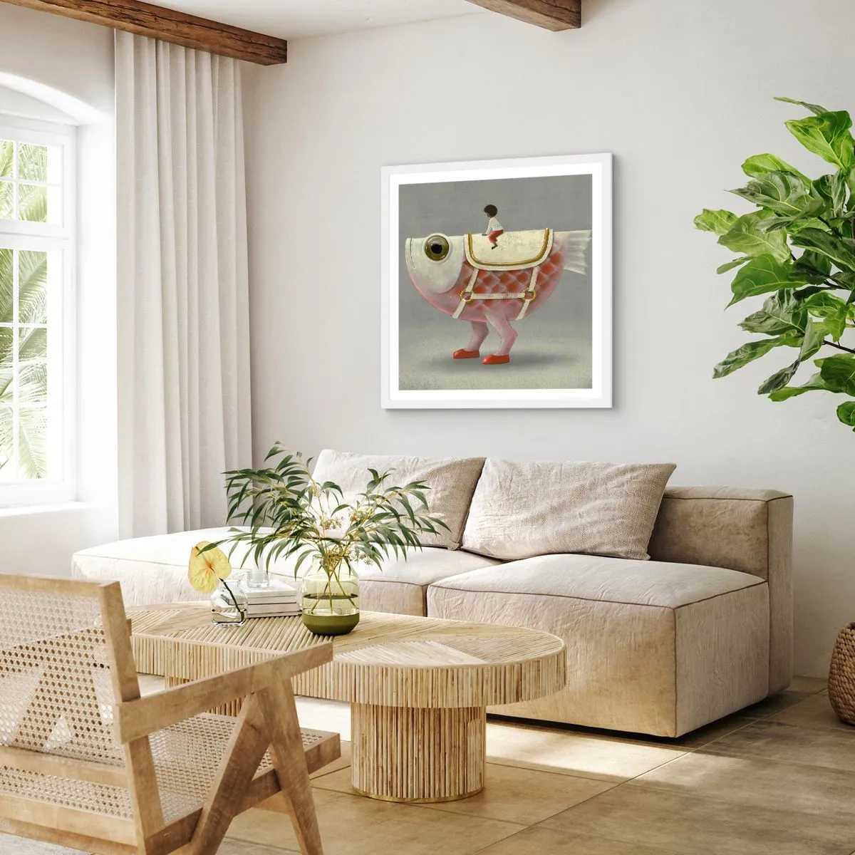 Poster in een witte lijst - Ruiter op een surrealistische vis - 40x40 cm