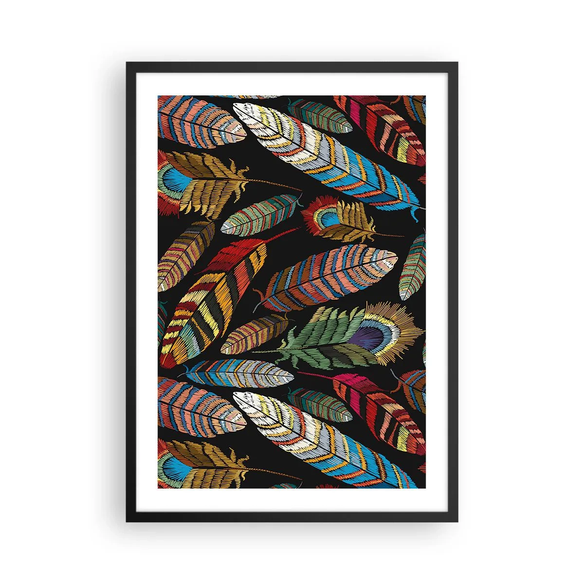 Poster in een zwarte lijst - Kleurrijke veren op een zwarte achtergrond - 50x70cm - Het vogelcarnaval - Moderne wanddecoratie voor woonkamer en slaapkamer ARTTOR