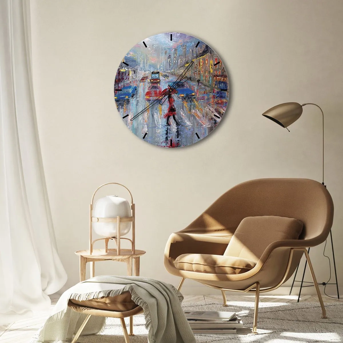 Wandklok - Klok - Stadsgezicht in de regen met kleurrijke lichten - 30x30cm - Regenachtige middag in de stad - Moderne wanddecoratie voor woonkamer, keuken en slaapkamer ARTTOR