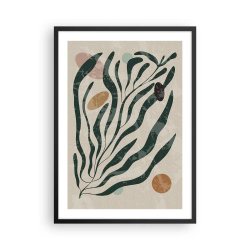 Poster in een zwarte lijst - Abstracte plantencompositie in groen en beige - 50x70cm - Tussen het groen - Moderne wanddecoratie voor woonkamer en slaapkamer ARTTOR