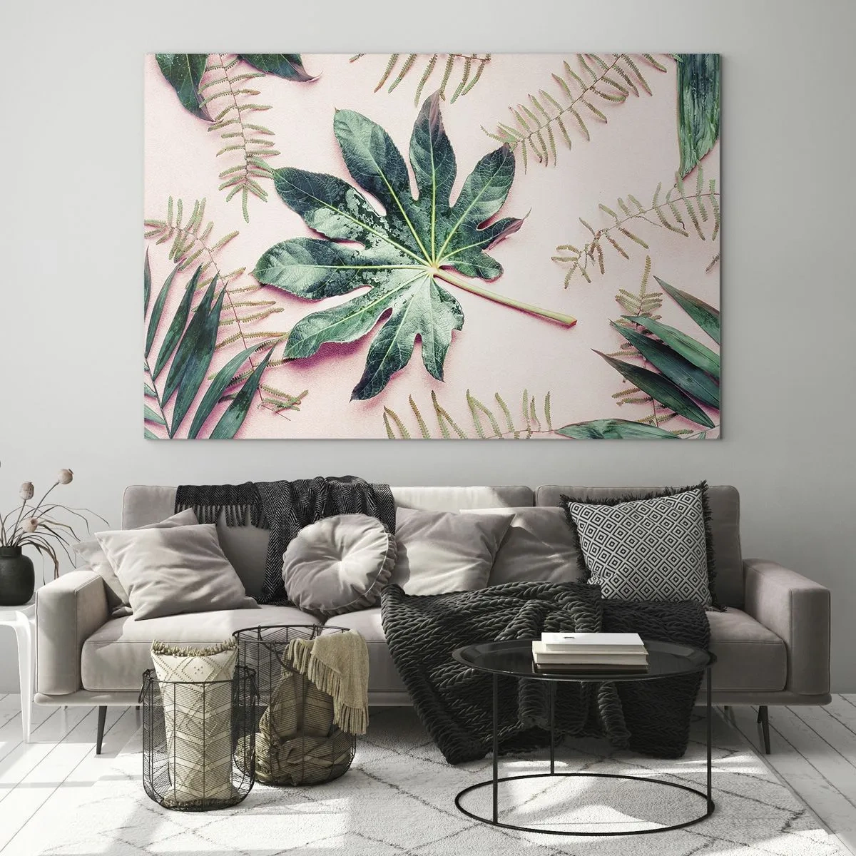 Schilderen op glas - Een studie van groen op een roze achtergrond - 100x70 cm