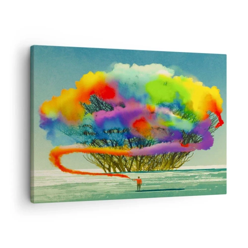 Schilderen op canvas - Een figuur met gekleurde rook op de achtergrond van een boom in de wildernis - 70x50cm - Breng deze wereld tot leven - Moderne wanddecoratie voor woonkamer en slaapkamer ARTTOR