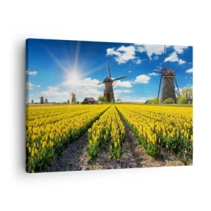 Schilderen op canvas - Een veld met gele tulpen met windmolens aan de horizon - 70x50cm - Hollandser kan het niet - Moderne wanddecoratie voor woonkamer en slaapkamer ARTTOR