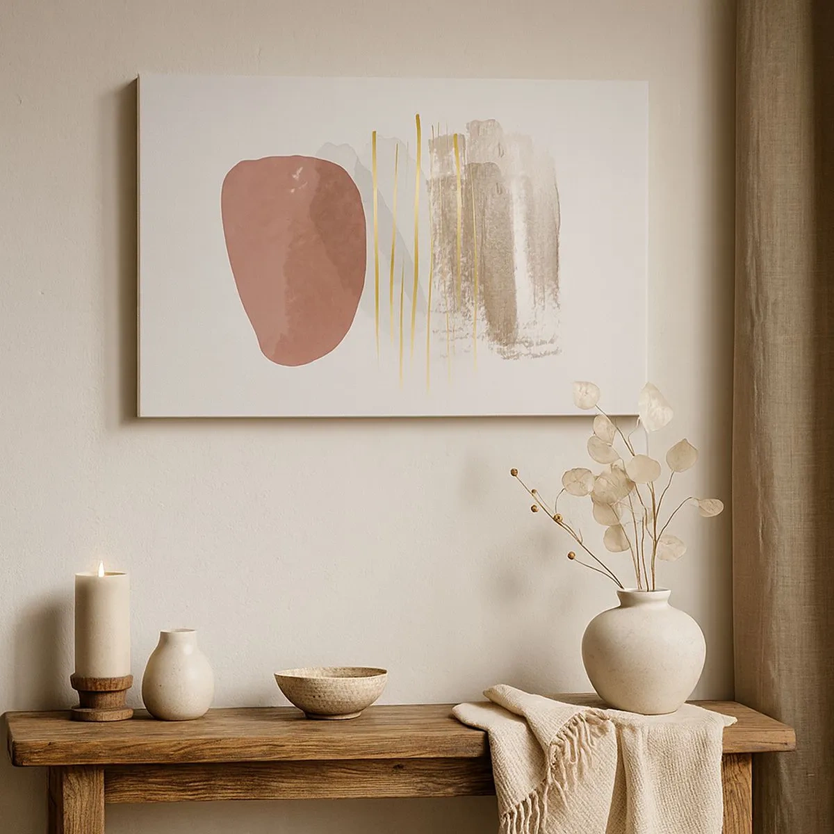 Schilderen op canvas - Abstracte compositie in beige en gouden tinten - 70x50cm - Abstracte zuilengalerij - Moderne wanddecoratie voor woonkamer en slaapkamer ARTTOR