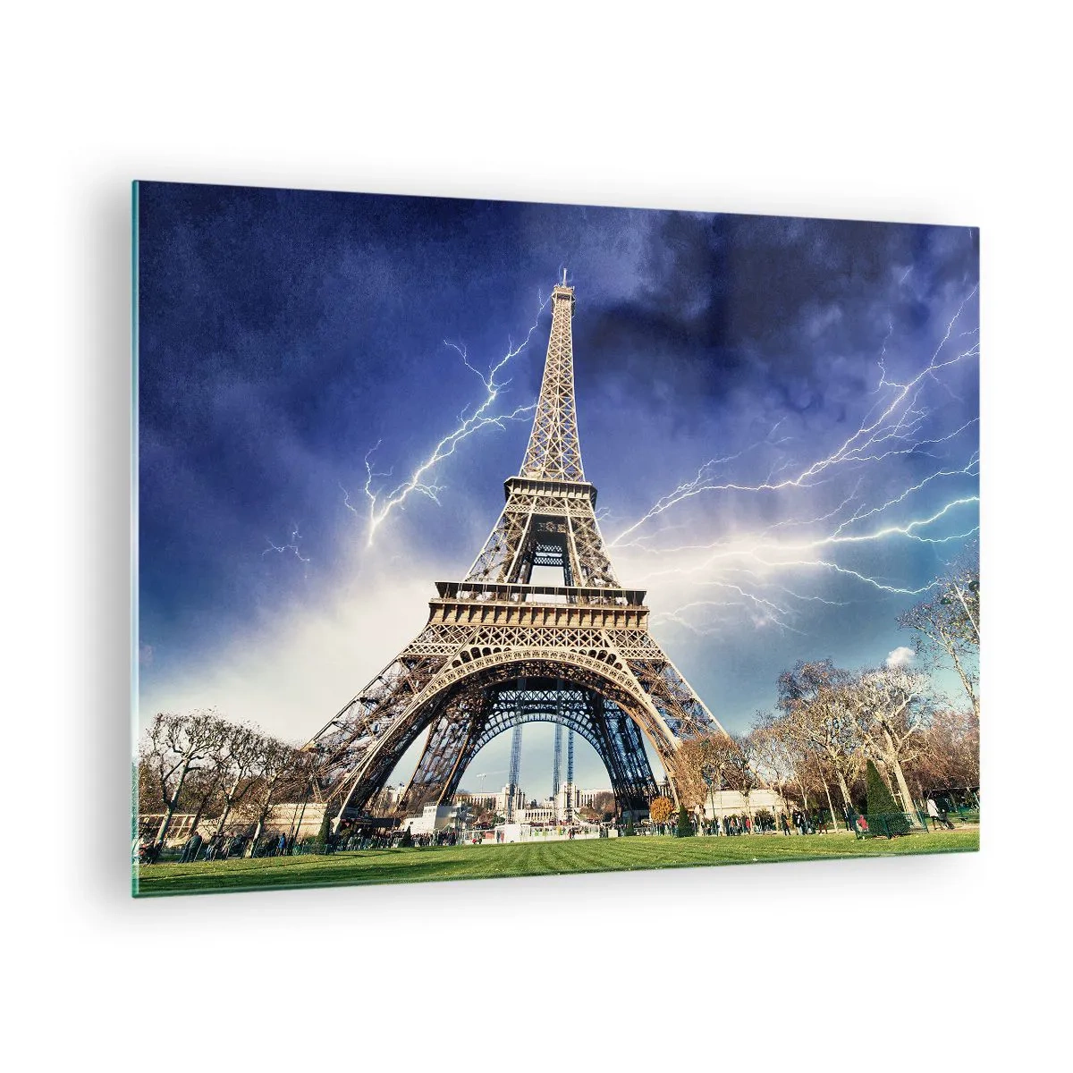 Schilderen op glas - De Eiffeltoren omringd door bliksem op een bewolkte dag - 70x50cm - Heerser van de stormen - Moderne wanddecoratie voor woonkamer en slaapkamer ARTTOR