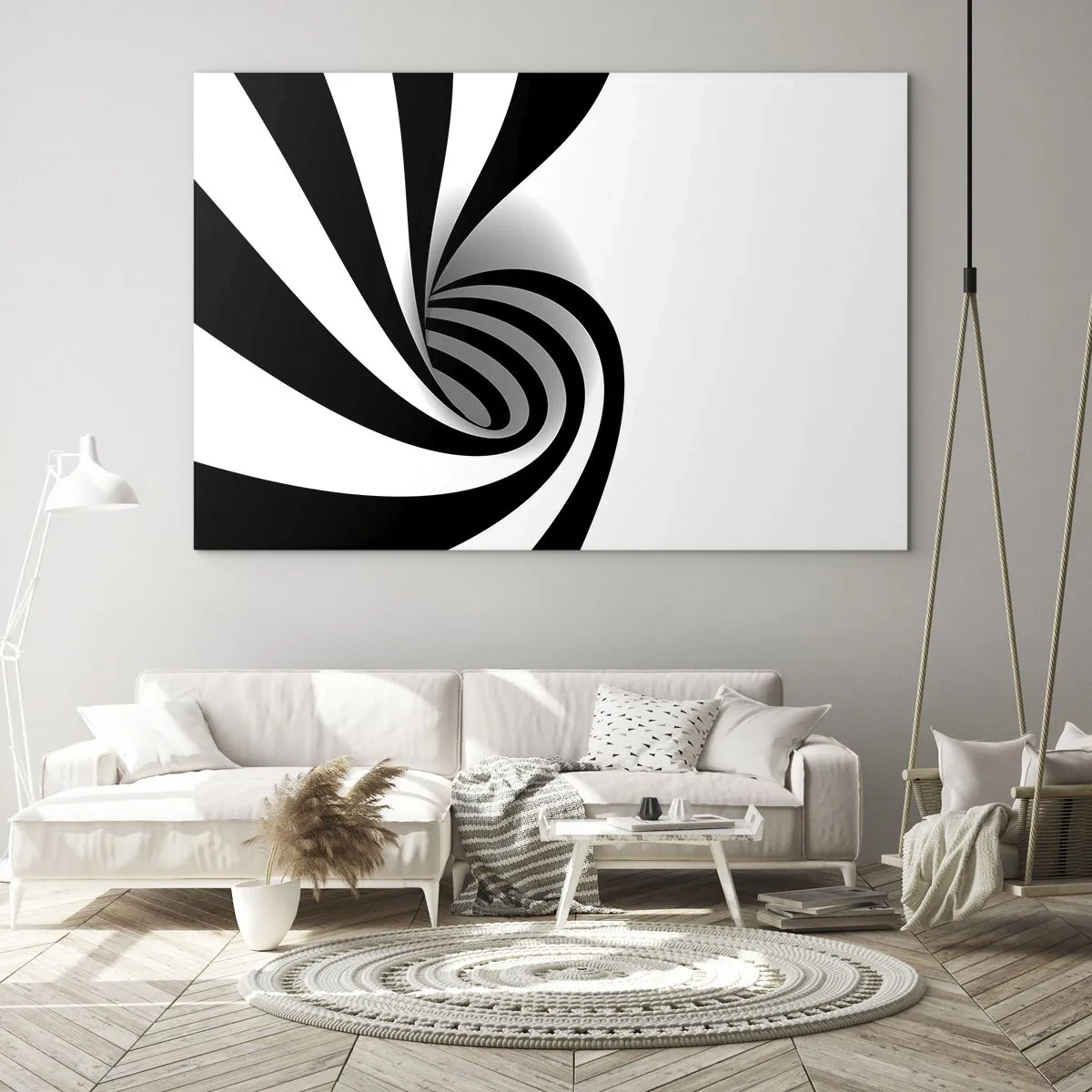 Schilderen op glas - Abstracte spiraal in zwart-wit met een dynamische vorm - 70x50cm - En toch draait het - Moderne wanddecoratie voor woonkamer en slaapkamer ARTTOR