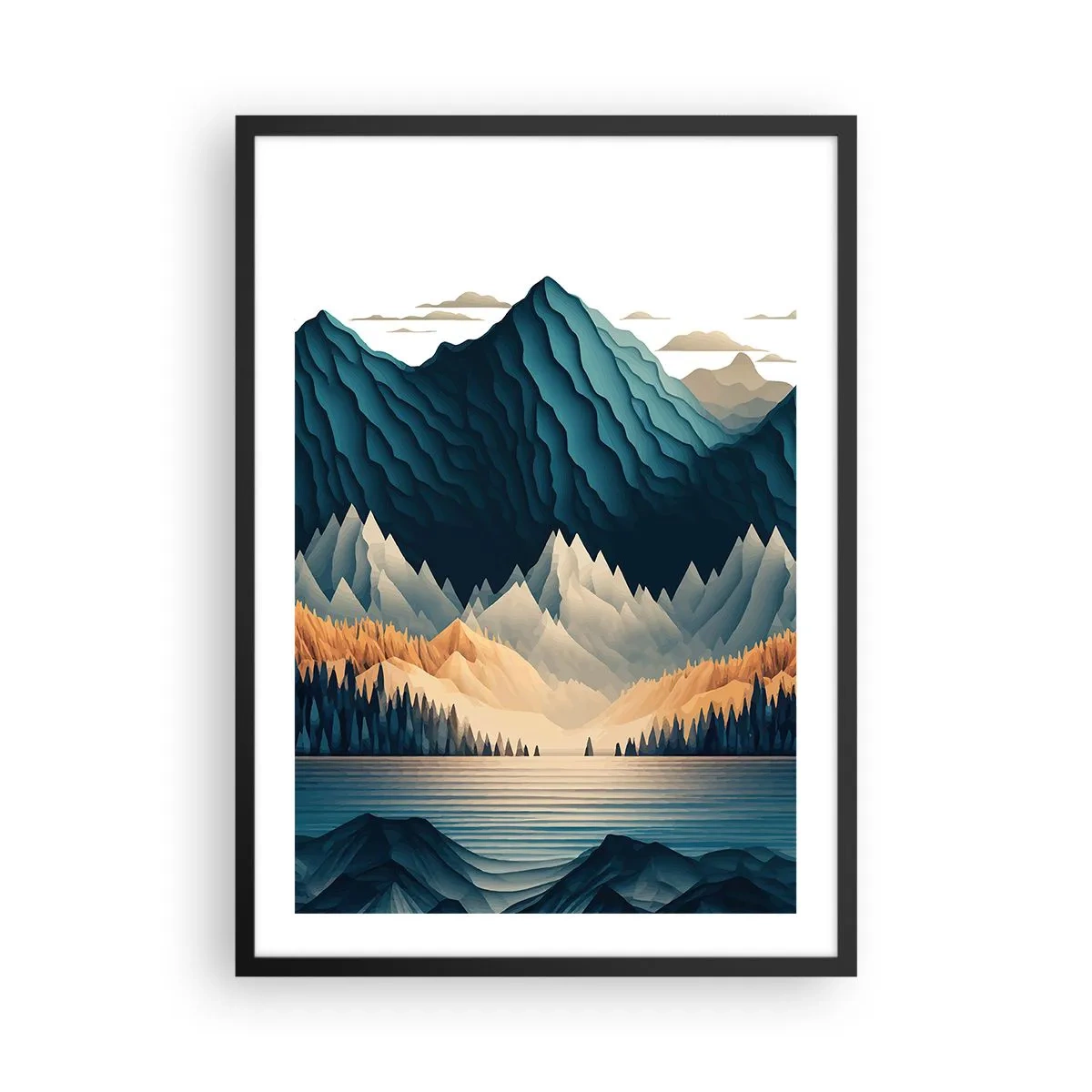 Poster in een zwarte lijst - Gestileerd berglandschap met een meer in blauwtinten - 50x70cm - Perfect berglandschap - Moderne wanddecoratie voor woonkamer en slaapkamer ARTTOR
