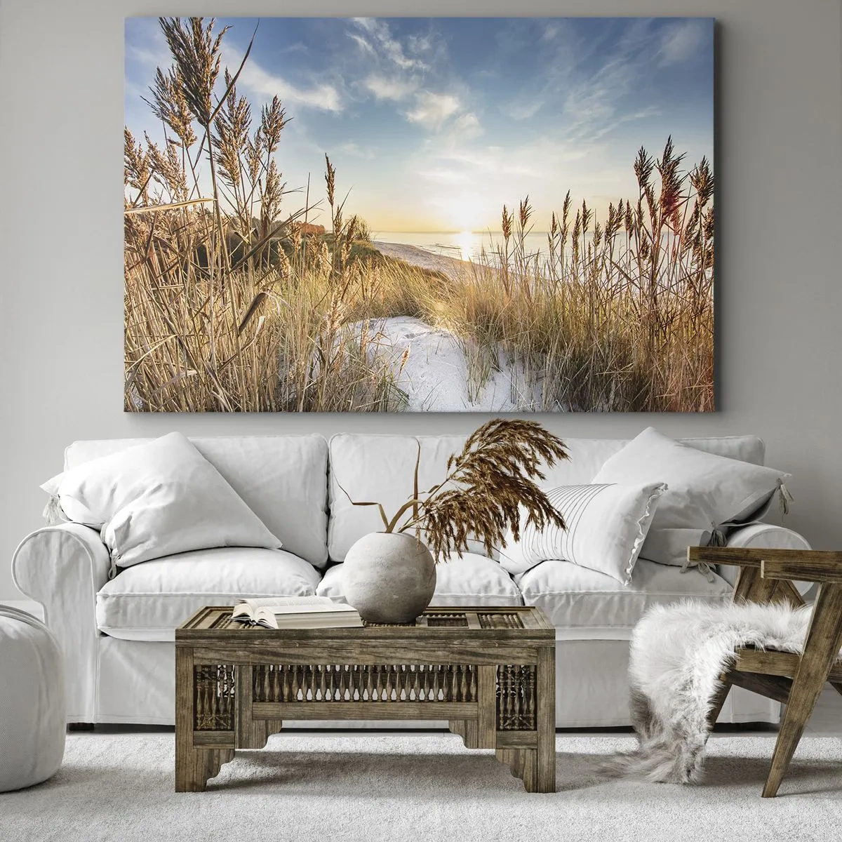 Schilderen op canvas - Een pittoresk strand met gras en de ondergaande zon - 70x50cm - Noord strand - Moderne wanddecoratie voor woonkamer en slaapkamer ARTTOR
