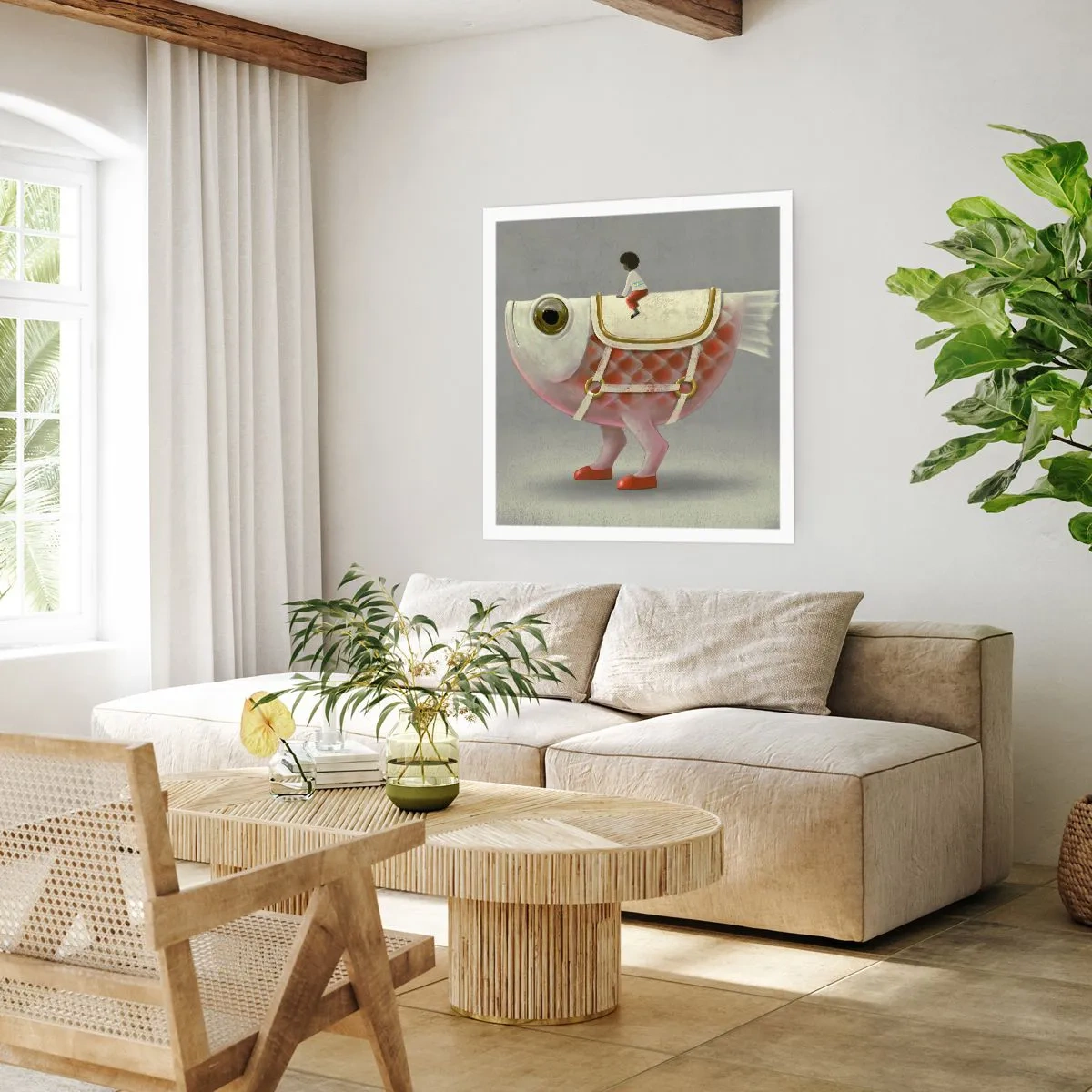 Poster - Ruiter op een surrealistische vis - 30x30 cm