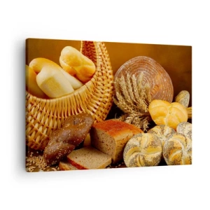 Schilderen op canvas - Verschillende soorten brood in een rieten mand op een gouden achtergrond - 70x50cm - We kwamen er weer mee weg - Moderne wanddecoratie voor woonkamer en slaapkamer ARTTOR