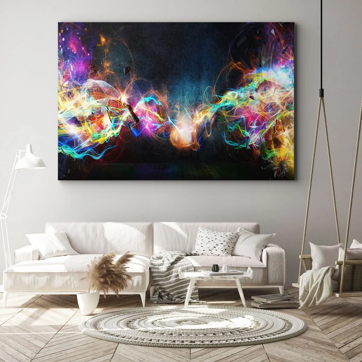 Schilderen op canvas - Kleurrijke lichtflitsen in een abstracte compositie - 70x50cm - Met vreugde tegen het donker - Moderne wanddecoratie voor woonkamer en slaapkamer ARTTOR