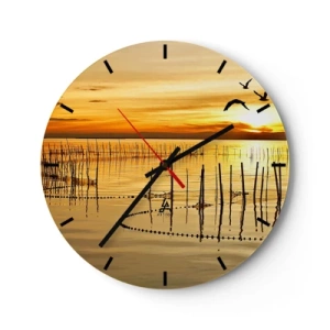 Wandklok - Klok - Zonsondergang boven het water met vogels in vlucht - 30x30cm - In de visserij - Moderne wanddecoratie voor woonkamer, keuken en slaapkamer ARTTOR
