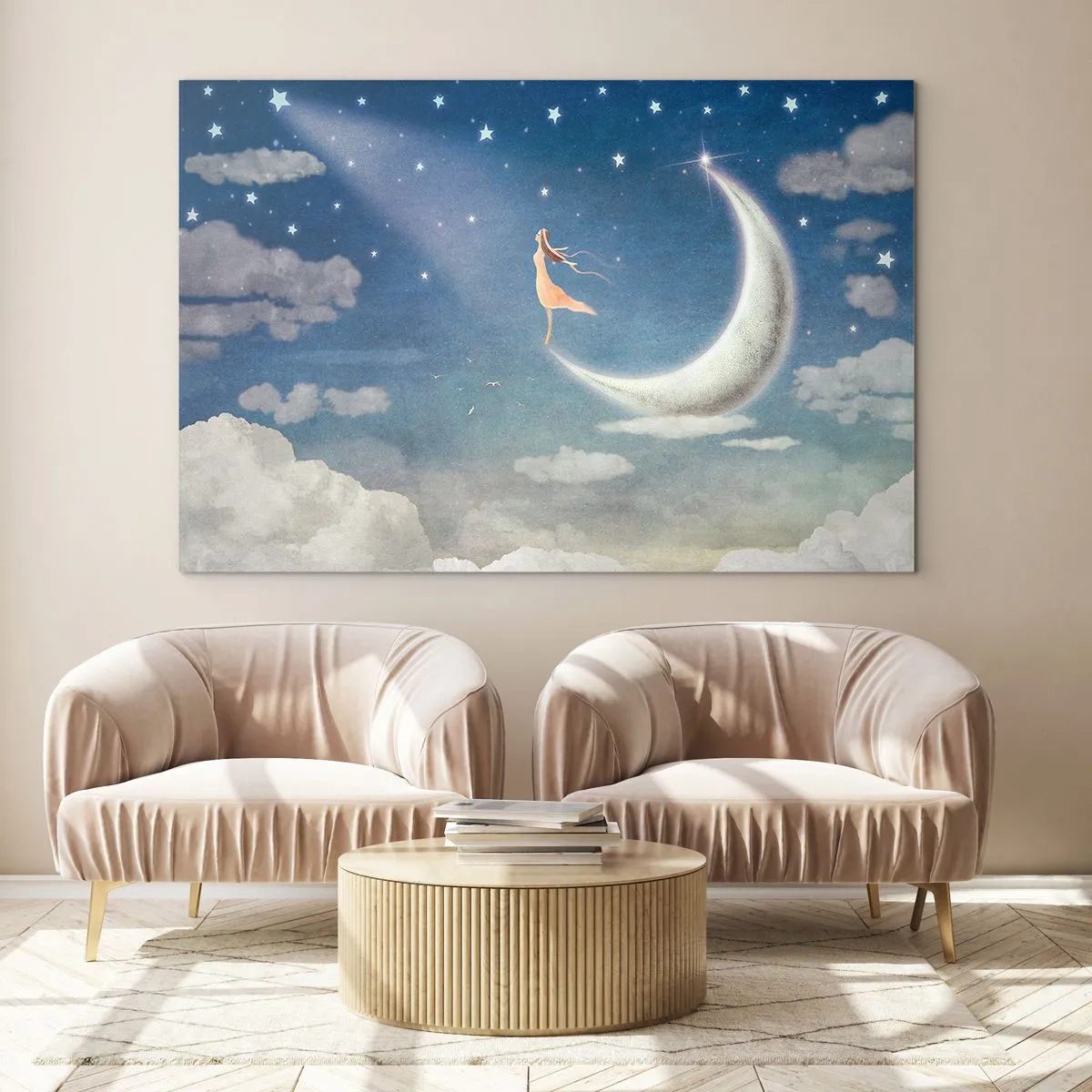 Schilderen op glas - Een vrouw in een lange jurk staat op de maan aan de sterrenhemel. - 70x50cm - Blauwe verleidster - Moderne wanddecoratie voor woonkamer en slaapkamer ARTTOR