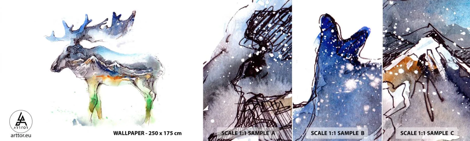 Fotobehang Monster Zelfklevend Deluxe Sticker - De held van een winters verhaal - Abstractie, Eland, Bergen - 100x30 cm