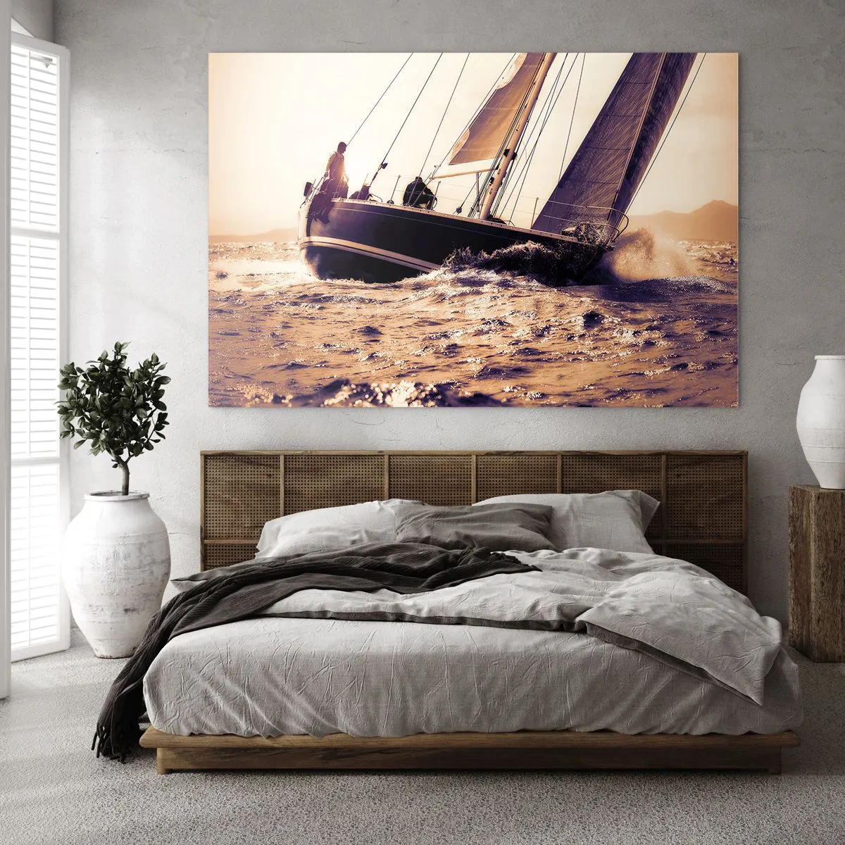 Schilderen op glas - Een zeilboot op een stormachtige zee in warme tinten - 70x50cm - Zeil, matroos - Moderne wanddecoratie voor woonkamer en slaapkamer ARTTOR
