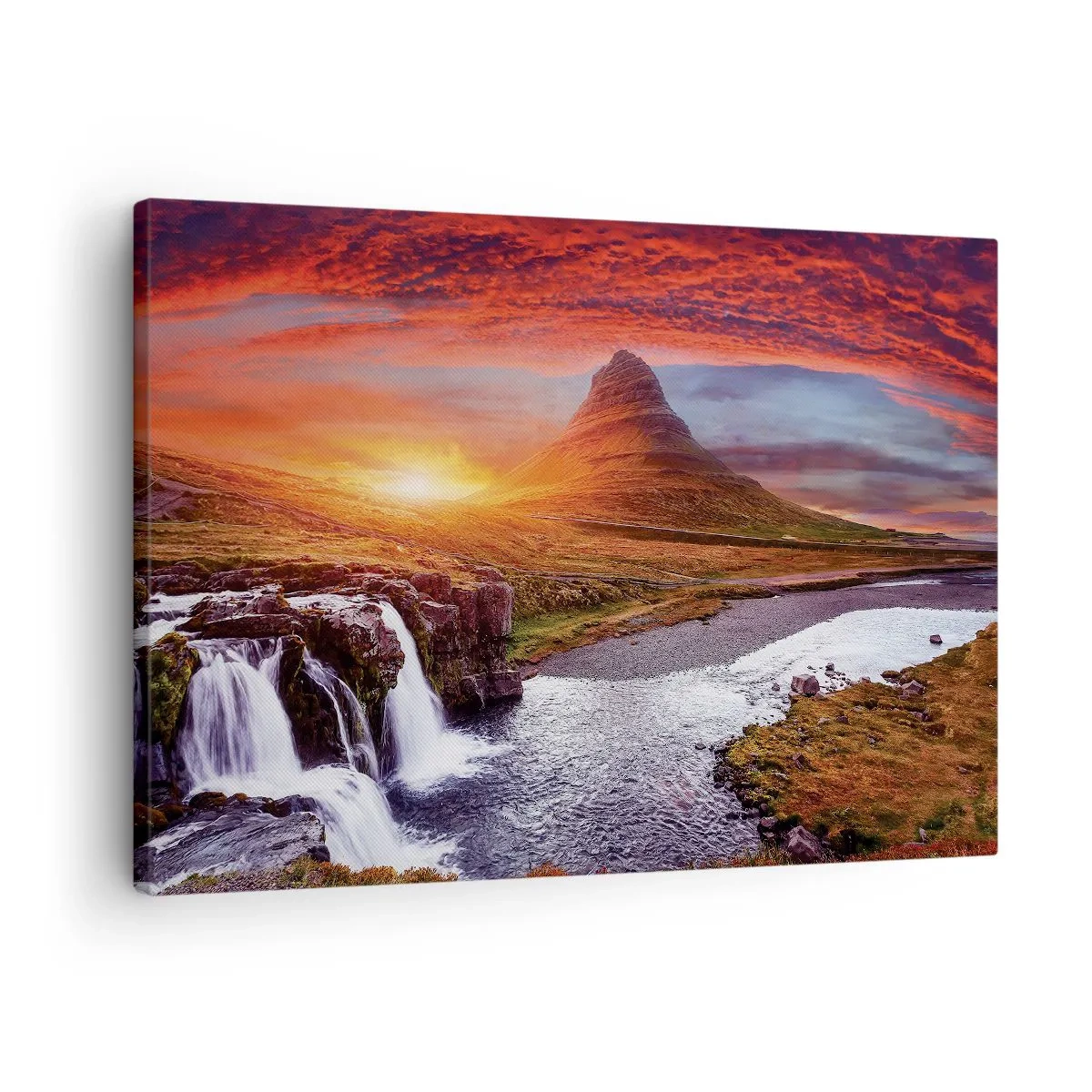 Schilderen op canvas - Berglandschap met een waterval bij zonsondergang - 70x50cm - Een zicht op Midden-aarde - Moderne wanddecoratie voor woonkamer en slaapkamer ARTTOR