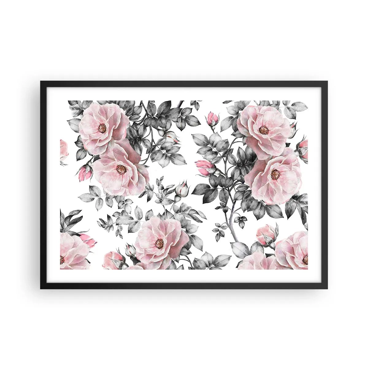 Poster in een zwarte lijst - Verdwalen in de bloemen van de rozen - 70x50 cm