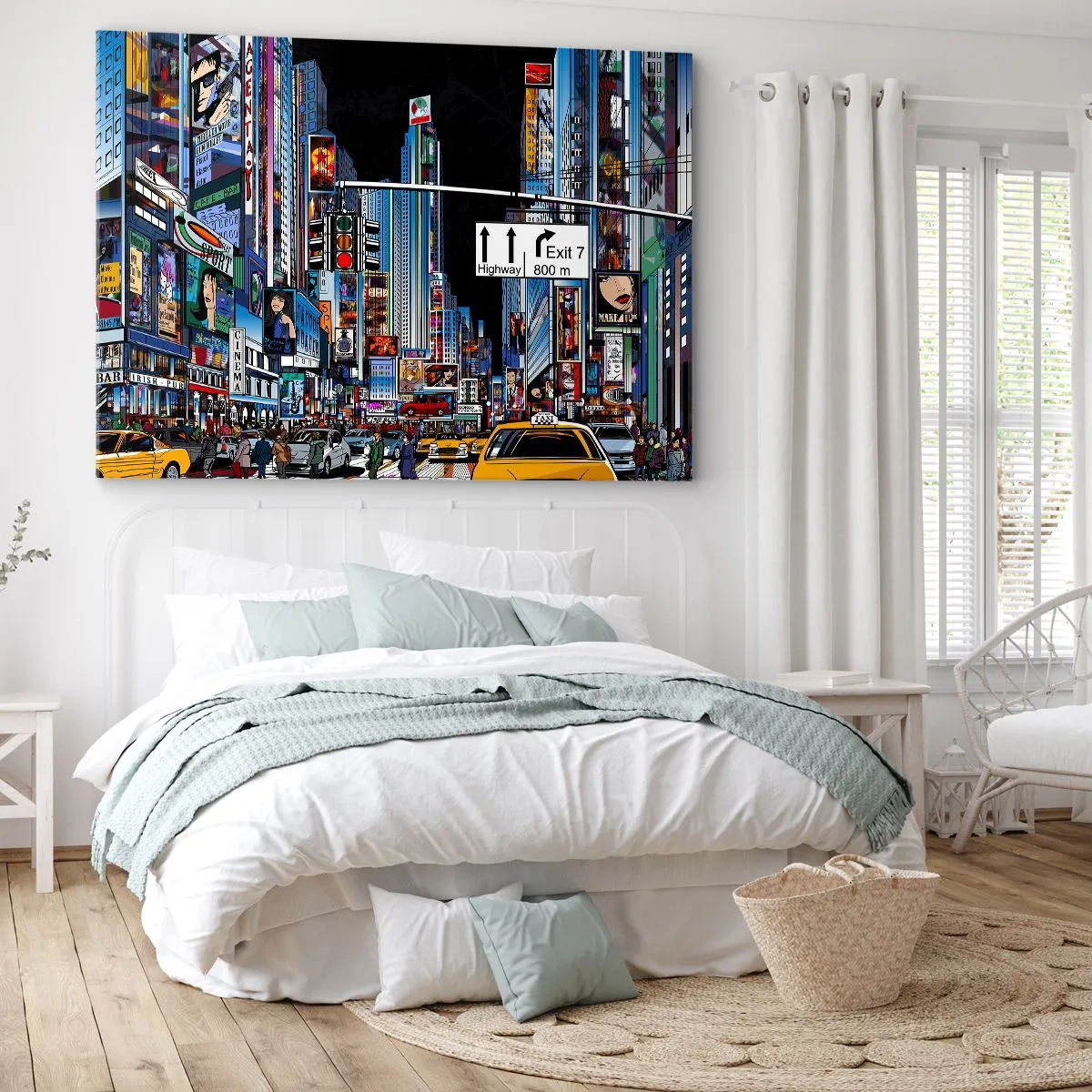 Schilderen op canvas - Een bruisende stad met kleurrijke reclameborden en gele taxi's - 70x50cm - Stripboek grote nacht - Moderne wanddecoratie voor woonkamer en slaapkamer ARTTOR
