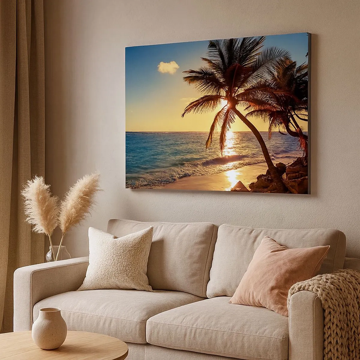 Schilderen op canvas - Tropische zonsondergang boven een strand met palmbomen - 70x50cm - Zomer onder de palmbomen - Moderne wanddecoratie voor woonkamer en slaapkamer ARTTOR