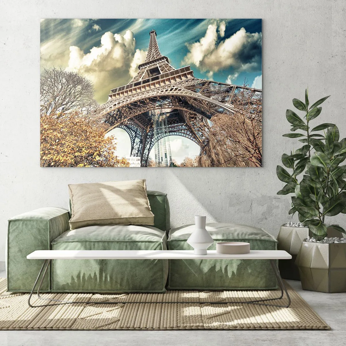 Schilderen op glas - De Eiffeltoren in een herfstlandschap tegen een dynamische lucht - 70x50cm - En in de herfst in Parijs... - Moderne wanddecoratie voor woonkamer en slaapkamer ARTTOR