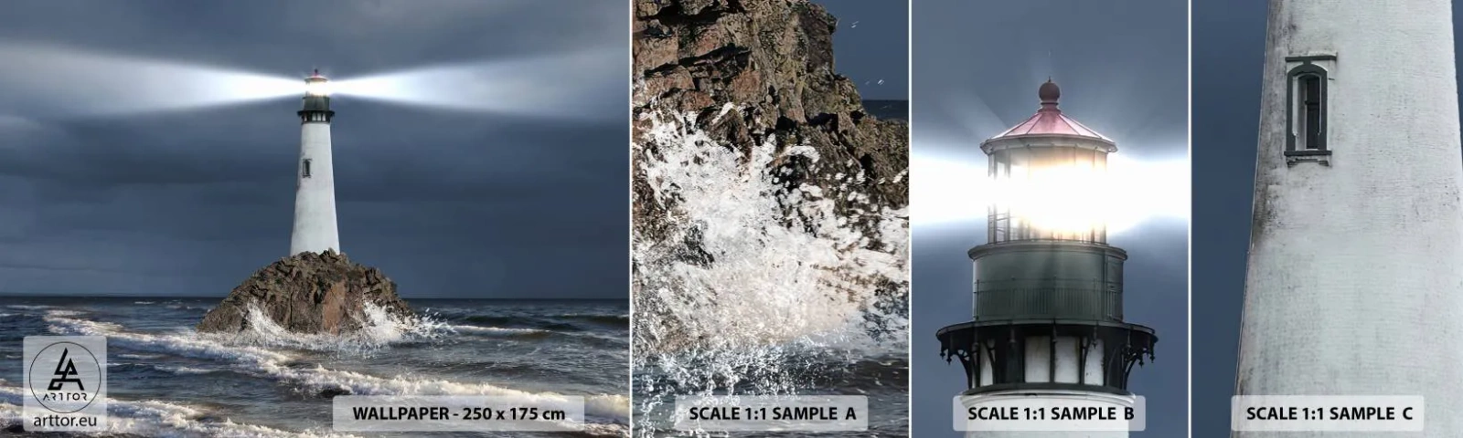 Fotobehang Monster Zelfklevend Deluxe Sticker - Hier... hier... hier! - Landschap, Vuurtoren, Eiland - 100x30 cm