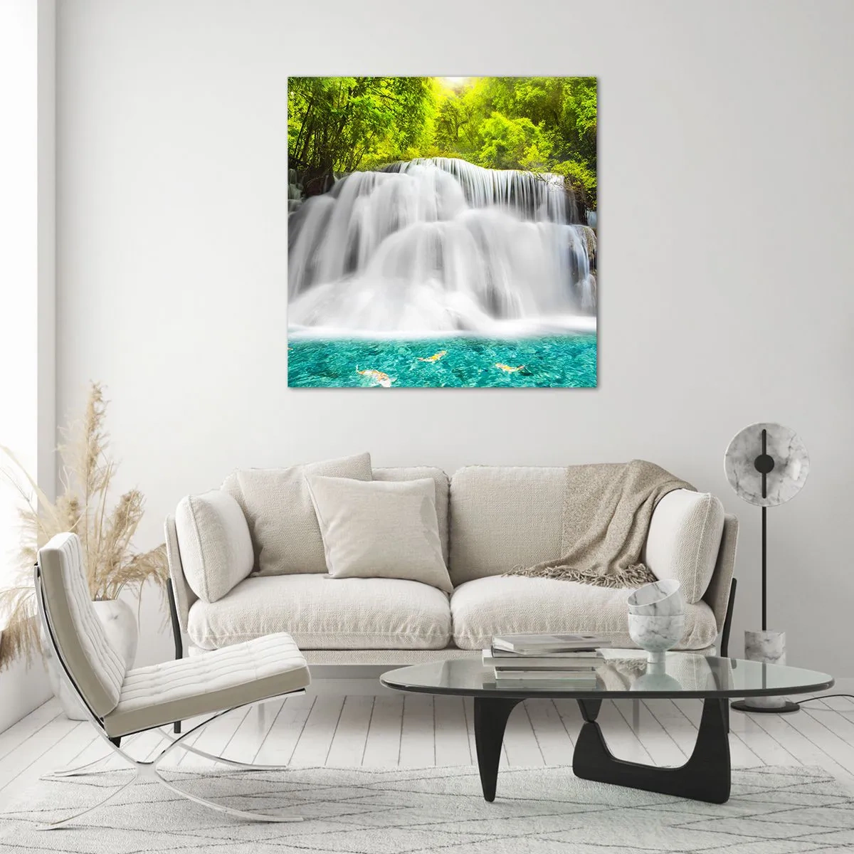 Schilderen op glas - Een schuimige waterval van groen naar azuurblauw - 60x60 cm