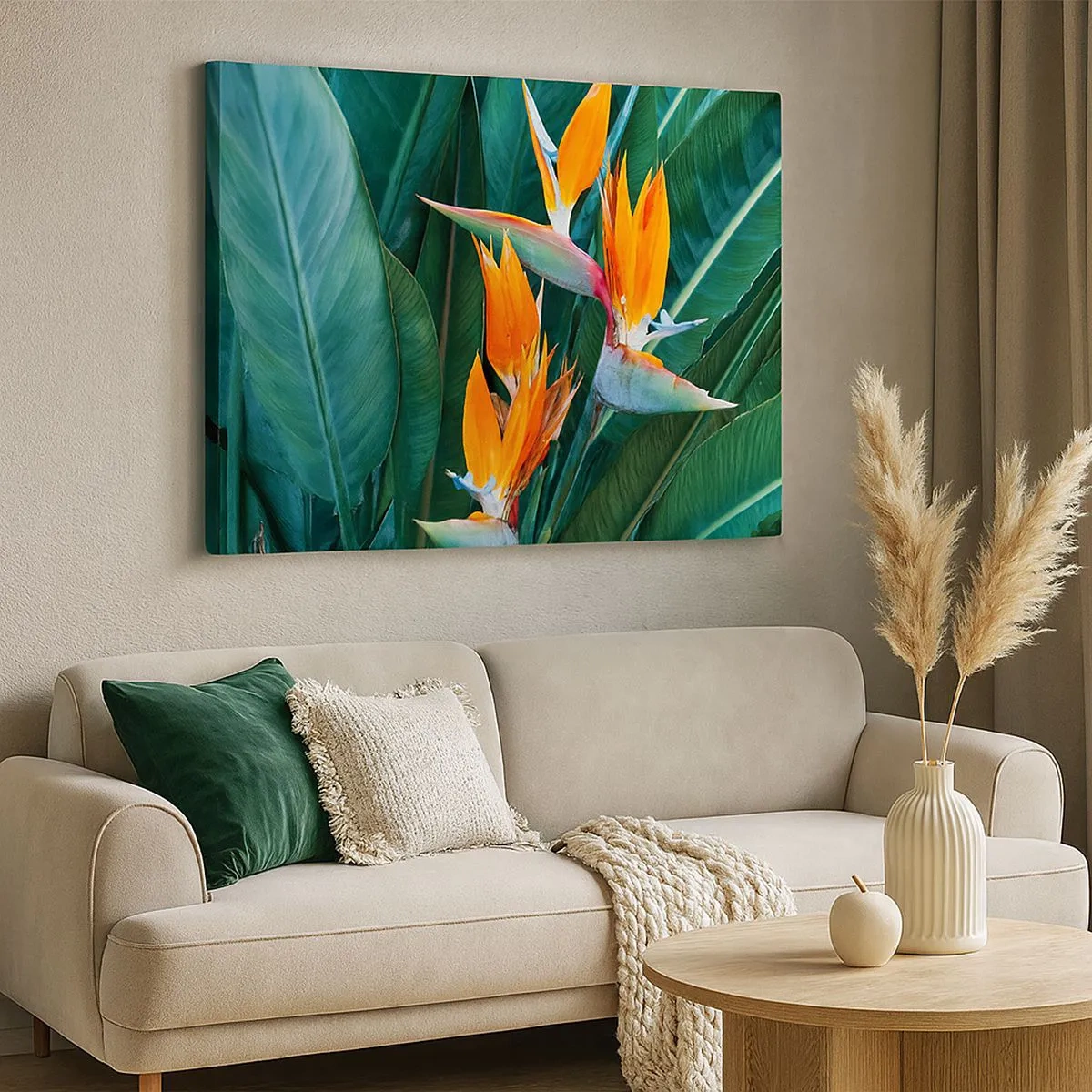 Schilderen op canvas - Exotische strelitzia-bloemen omgeven door groene bladeren - 70x50cm - Is het een bloem of is het een vogel? - Moderne wanddecoratie voor woonkamer en slaapkamer ARTTOR