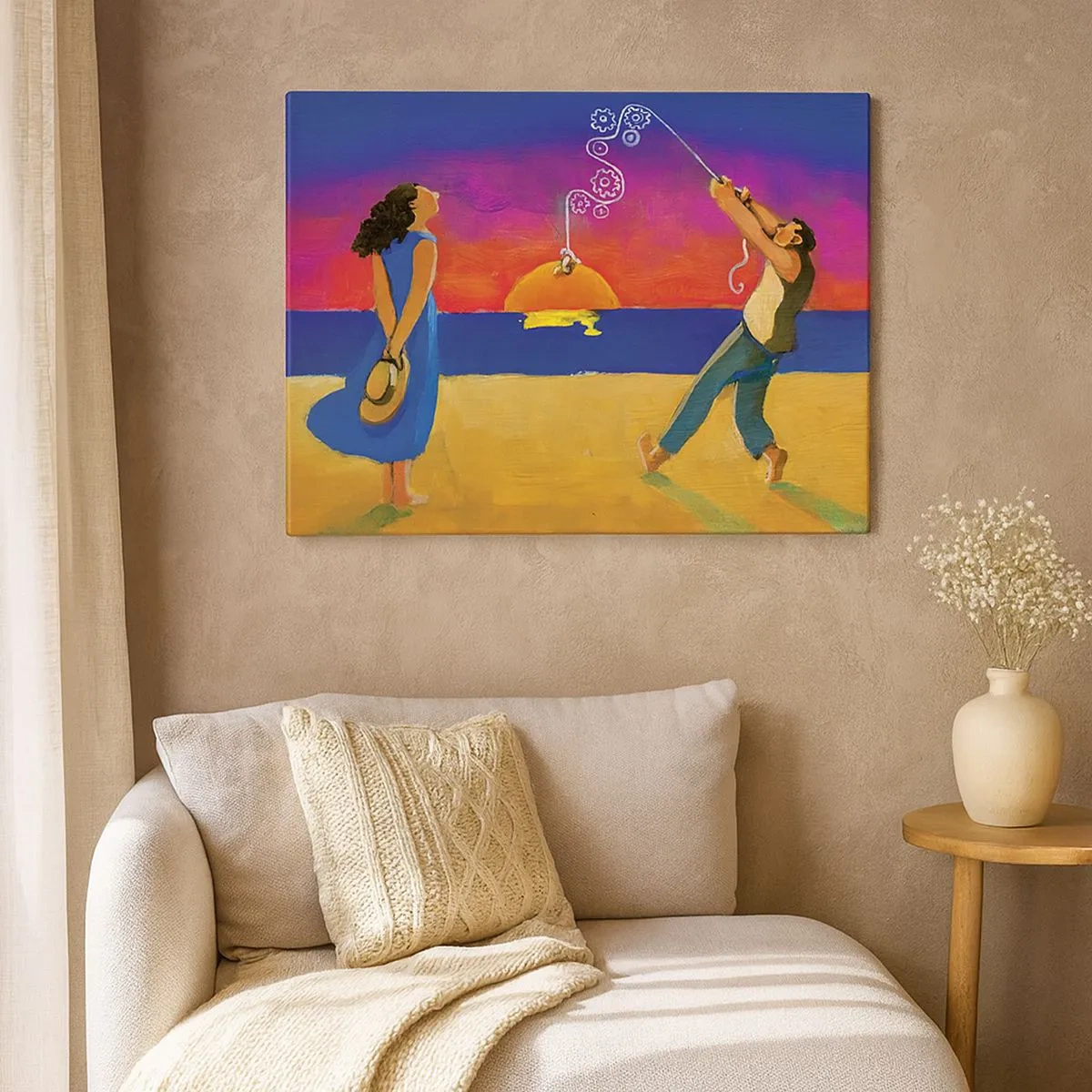 Schilderen op canvas - Figuren aan de zee bij zonsondergang - 70x50cm - Meer dan een sterretje uit de lucht - Moderne wanddecoratie voor woonkamer en slaapkamer ARTTOR